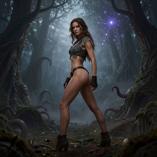 Digital artwork of a muscular, dark-haired woman in leather crop top and panties, standing confidently in a mystical, dark forest with glowing stars and twisted trees