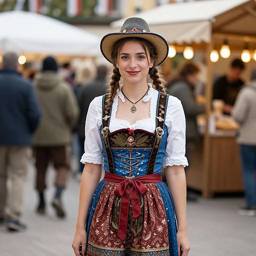 Photograph of a young woman in a traditional Bavarian dirndl dress with blue bodice, white blouse, red apron, and straw hat,