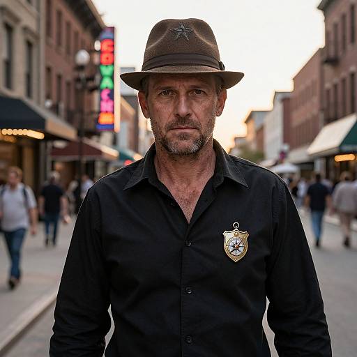 Photograph of a rugged, middle-aged man with a graying beard, wearing a brown hat and black shirt with a police badge, standing in a