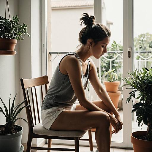 Woman Sitting on Chair in Sunlit Terrace