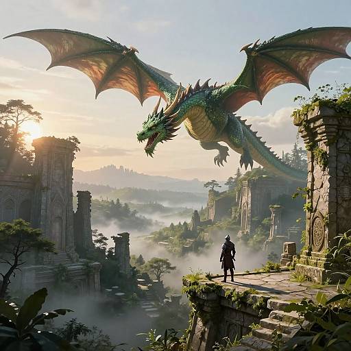 Digital fantasy artwork: A lone figure in dark clothing stands on a mossy, ruined stone ledge, gazing up at a majestic, green-scaled