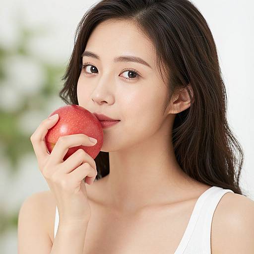 Photograph of an East Asian woman with long black hair, fair skin, and brown eyes, gently biting a red apple, wearing a white tank top