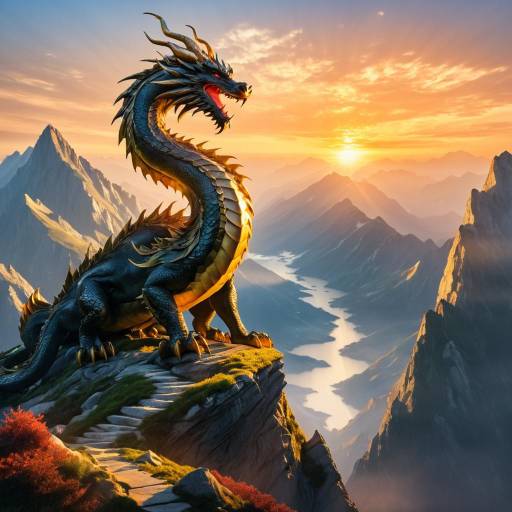 Dragon at Mountain Peak at Sunrise