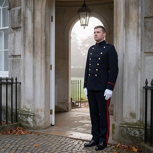 Photograph of a serious-looking male soldier in black military uniform with white gloves, standing in a stone archway doorway.