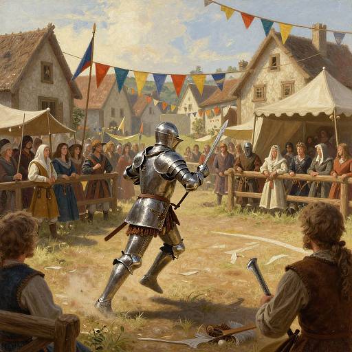 Digital painting of a medieval jousting tournament in a village square with colorful bunting, armored knight, spectators, and flags.