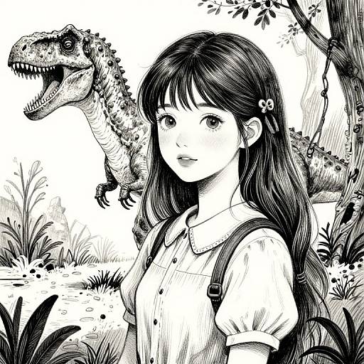 Fantasy Girl with Dinosaur Illustration