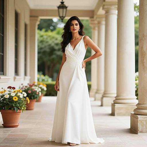 Woman in White Dress in Elegant Corridor