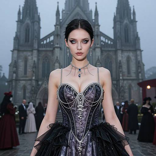 Photograph of a pale-skinned, black-haired model in a gothic, lace corset with black tulle, standing in front of a mist