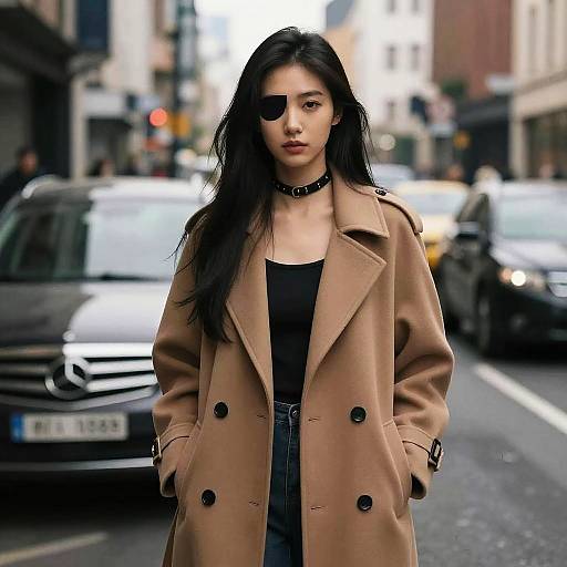 Photograph of an Asian woman with long black hair, wearing an eyepatch, tan coat, black top, and choker, standing on a