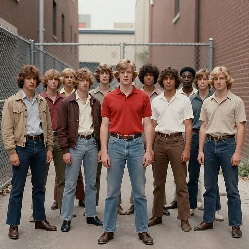 Group Portrait of 1970s Young Men in Alley