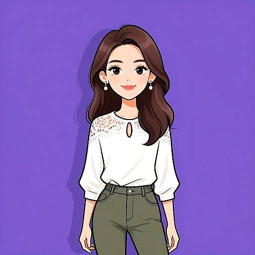 Digital anime-style drawing of a smiling woman with brown hair, wearing a white blouse with lace sleeves and green high-waist pants, against a solid
