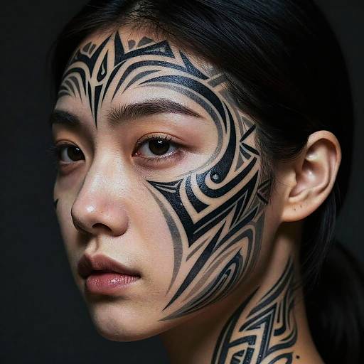 Photograph of an Asian woman with black tribal face and neck tattoos, dark hair, neutral expression, against a dark background.