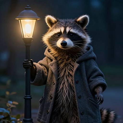 Photograph of a realistic raccoon wearing a gray coat, holding a glowing street lamp, in a dark, blurred forest background.