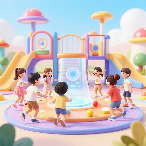 Joyful Kids in Futuristic AI Playground