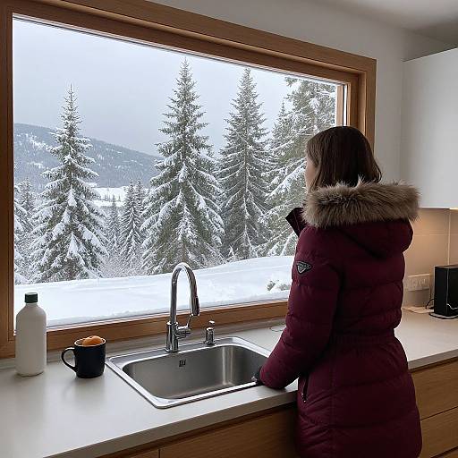 Woman Gazing Winter Landscape Indoors