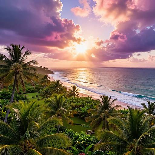 Vibrant photograph of a tropical beach at sunset, featuring lush palm trees, colorful clouds, and a glowing sun over the ocean.