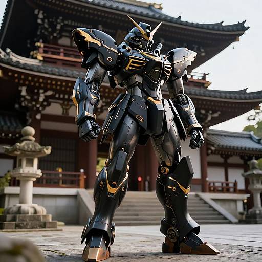 Photorealistic CGI of a towering black and gold mecha robot standing in front of a traditional East Asian temple courtyard.