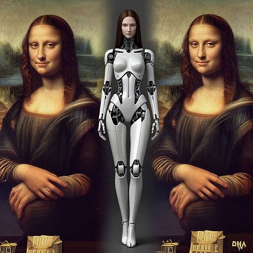 Digital artwork featuring a robotic woman with white and black cybernetic parts, centered between two mirrored images of Leonardo da Vinci's 