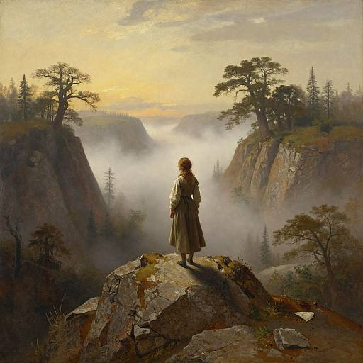 A lone figure in a long, brown coat stands on a rocky cliff, gazing at a misty, sunset-lit valley with towering cliffs and