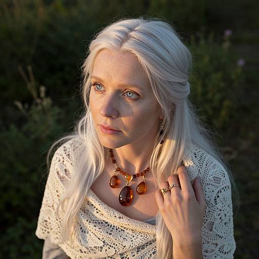 Photograph of a pale-skinned blonde woman with blue eyes, wearing a white lace top, amber necklace, and ring, gazing upwards in sunlight