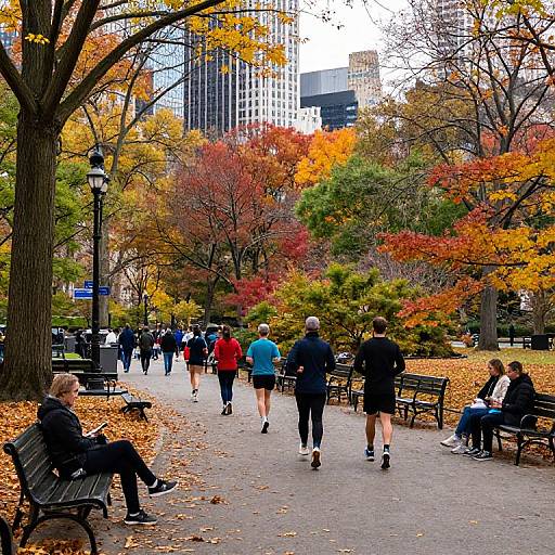 Photograph of a vibrant autumn park scene with people walking, colorful fall foliage, and benches; city skyscrapers in the background.