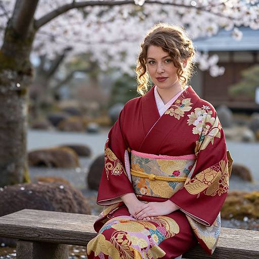 Photograph of a fair-skinned woman with curly brown hair, wearing a red kimono with gold and floral embroidery, sitting on a wooden bench in