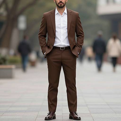 Photograph of a bearded man in a brown suit, white shirt, black belt, and polished shoes, standing confidently with hands in pockets, blurred