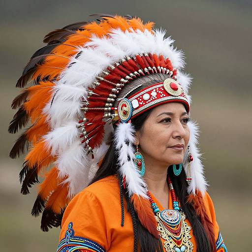 Photograph of a Native American woman with dark skin, wearing an elaborate red and white feathered headdress, orange shirt, and intricate jewelry, set