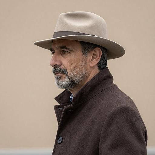 Middle-aged man in beige hat and brown coat