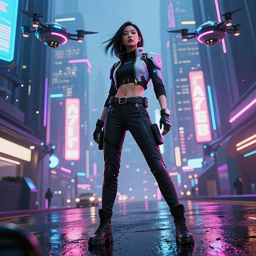 Digital art of a fierce, dark-haired woman in a black crop top and pants, standing confidently in a neon-lit, futuristic city street with drones