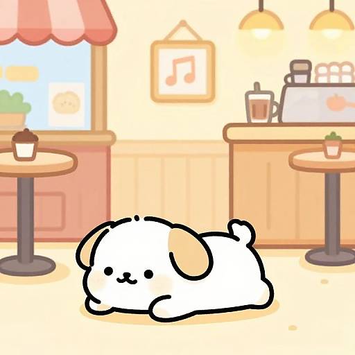 Cute digital drawing of a small, white, floppy-eared chibi dog lying in a pastel-colored, sunlit café with pink-striped aw