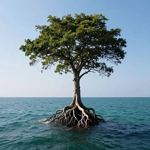 Photograph of a solitary, green-leaved mangrove tree with exposed, intricate roots emerging from clear, turquoise ocean water under a bright blue sky.
