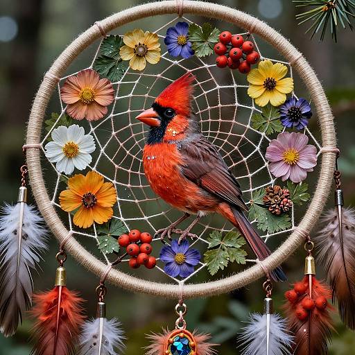 Photograph of a colorful dreamcatcher with a vibrant red cardinal, yellow, blue, and white flowers, red berries, and feathers.