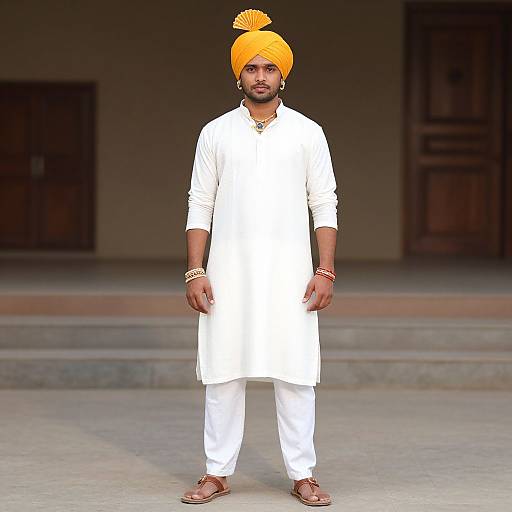 Photograph of a bearded Indian man in a white kurta, white pants, and bright orange turban, standing outdoors with brown sandals, gold