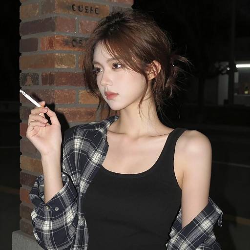 Serious Woman in Nighttime Urban Setting