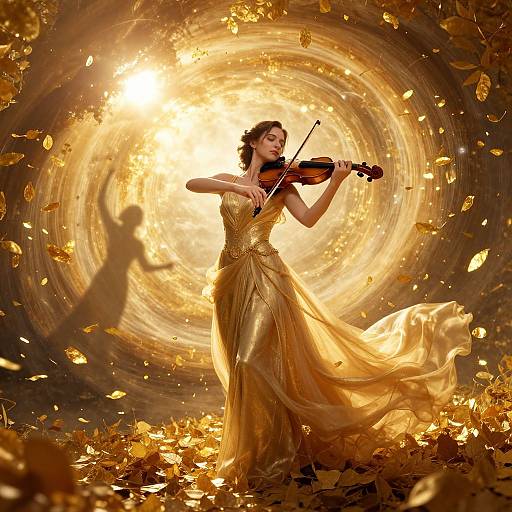 Photograph of a woman in a gold, flowing dress playing violin, surrounded by swirling golden light and falling leaves, with a silhouette in the background.