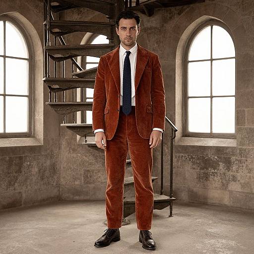 Photograph of a serious man with short dark hair, wearing a brown velvet suit, white shirt, and black tie, standing in a dimly lit