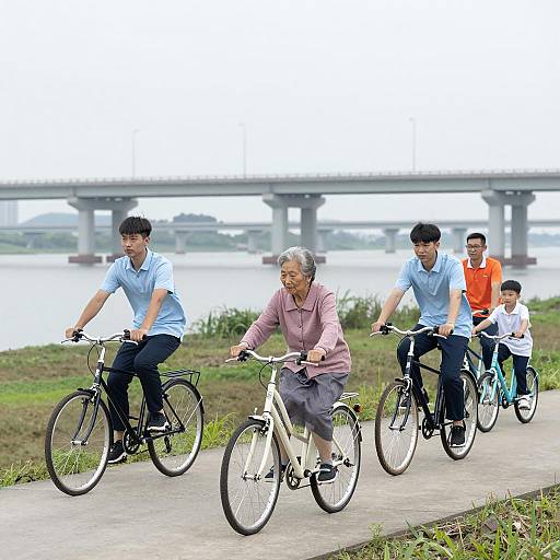 Group Bicycle Ride Near a Bridge
