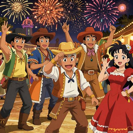 Colorful anime-style illustration of four cheerful cowboys and a woman in a red dress dancing at a nighttime festival with vibrant fireworks.
