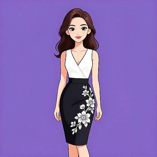Digital illustration of a smiling woman with long brown hair, wearing a white sleeveless top and black floral pencil skirt, against a solid purple background.
