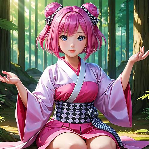 Digital anime-style drawing of a pink-haired girl with double buns, wearing a pink and white kimono with black checkered obi, sitting in