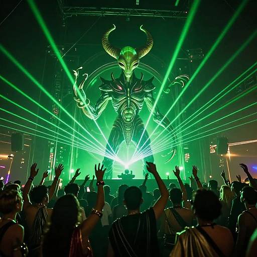 Photograph of a vibrant concert with a green-lit, horned, skeletal figure on stage, surrounded by beams of green light and a crowd raising