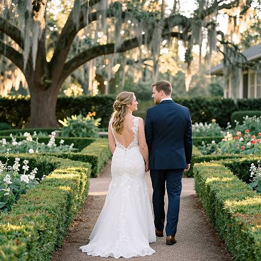 Photograph of a bride in a white lace backless gown and groom in a dark suit, walking hand-in-hand down a garden path with sunlight filtering