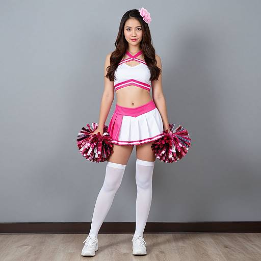 Photograph of an Asian woman with long black hair, wearing a white and pink cheerleader outfit, holding pink pom-poms, white thigh-high socks