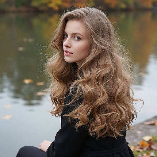 Photograph of a young woman with long, wavy, light brown hair, wearing a black coat, sitting by a serene autumnal lake.