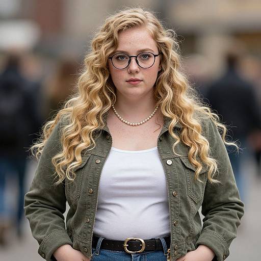 Photograph of a blonde woman with wavy hair, wearing glasses, a green jacket, white top, pearl necklace, and blue jeans, standing outdoors