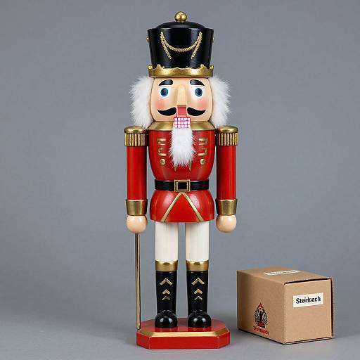 Photograph of a classic Nutcracker soldier with red uniform, white pants, black boots, and gold accents, standing beside a 