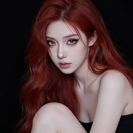 Digital portrait of a pale-skinned, red-haired woman with large, expressive eyes and soft makeup, sitting against a black background.