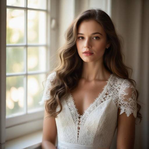 Elegant Young Woman in White Lace Dress