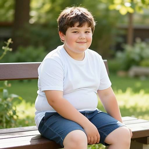 Photograph of a chubby, smiling young boy with short brown hair, wearing a white t-shirt and blue shorts, sitting on a wooden bench in a